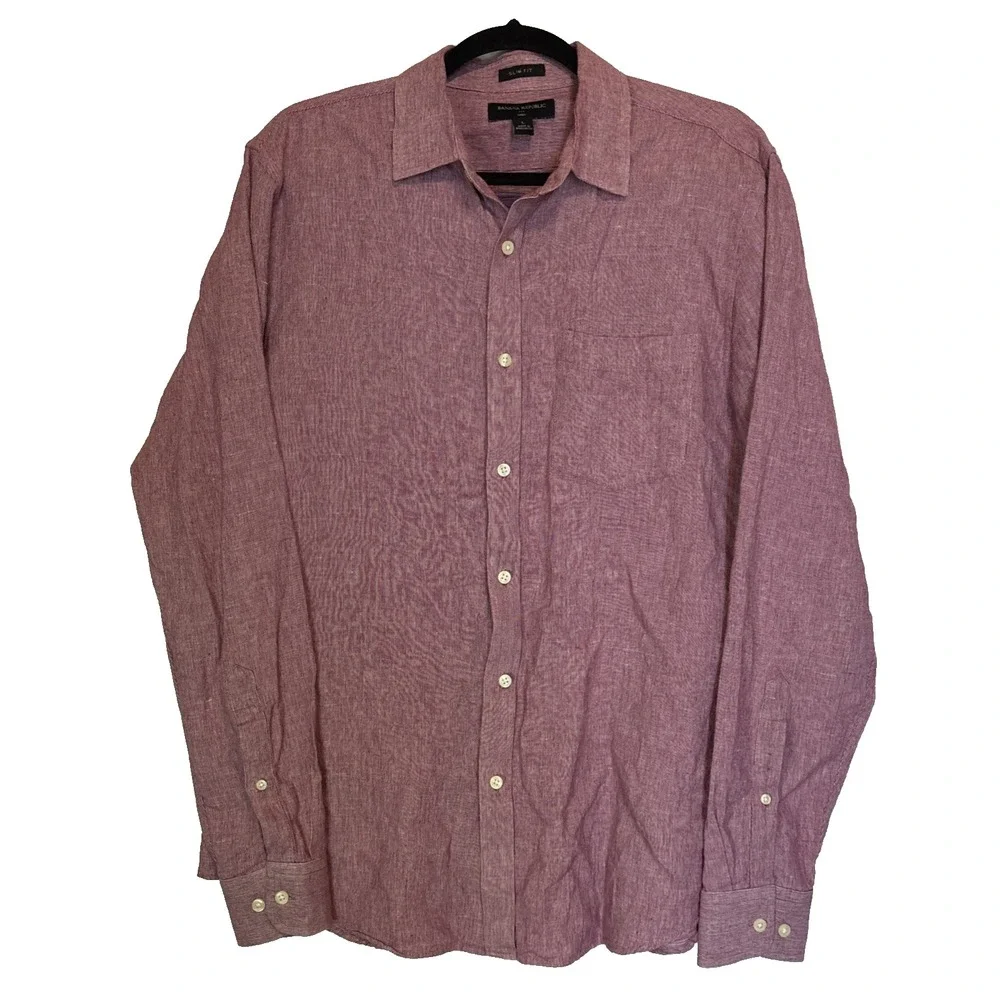 Banana Republic Men's 100% Linen Shirt Large Red Burgundy Slim‎ Fit Long Sleeve